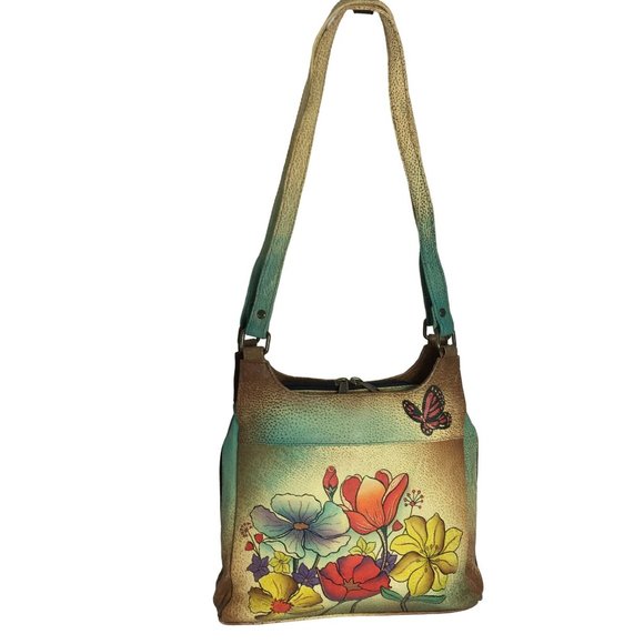 Anuschka NEVER USED Handpainted Leather Shoulder Bag Butterfly Floral - Picture 2 of 15